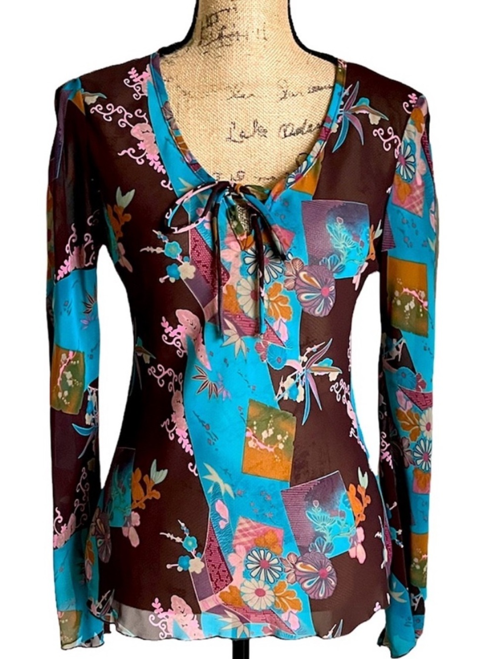 KLD Signature Patchwork Mesh Blouse Open Shoulder Tie Neck Small - Picture 10 of 16